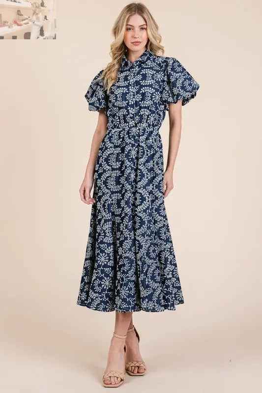 GeeGee Leaf Pattern Eyelet Lace Dress with Puff Sleeves - MegaSuperStar