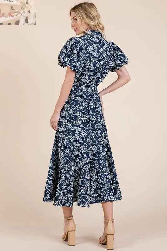 GeeGee Leaf Pattern Eyelet Lace Dress with Puff Sleeves - MegaSuperStar