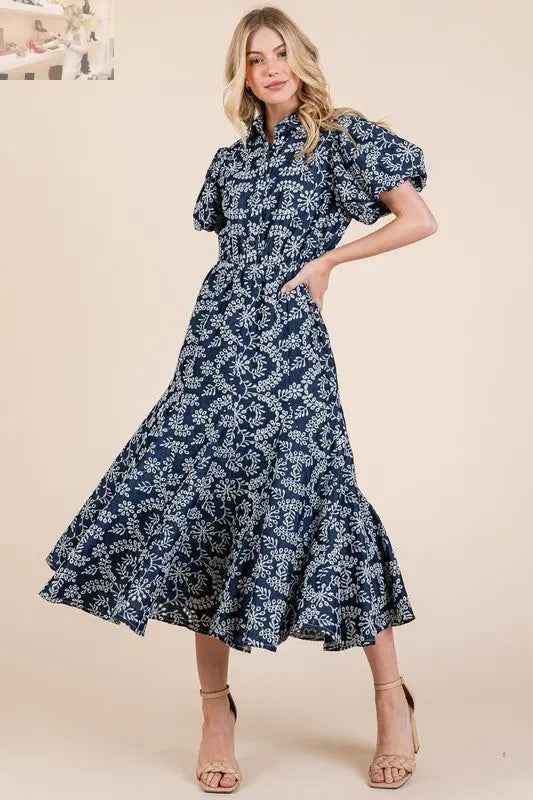 GeeGee Leaf Pattern Eyelet Lace Dress with Puff Sleeves - MegaSuperStar
