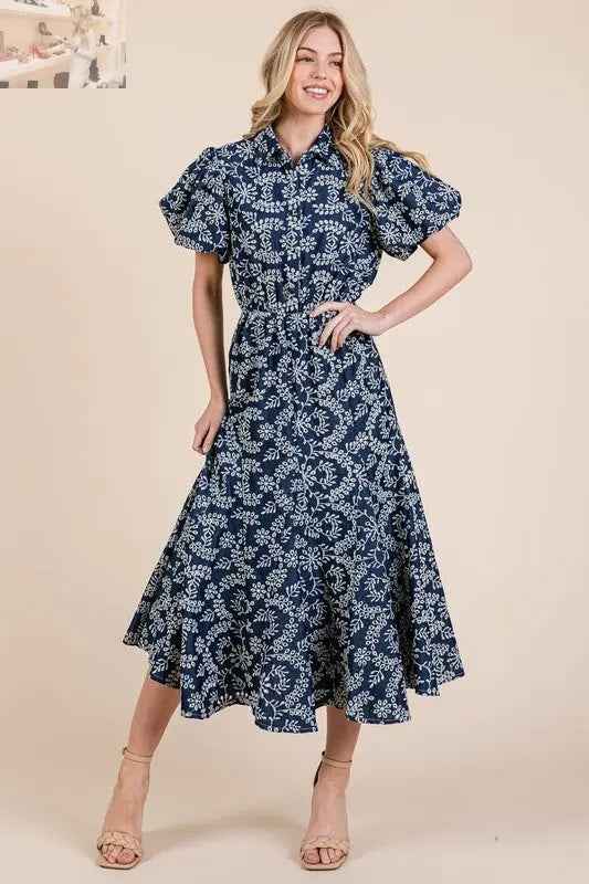 GeeGee Leaf Pattern Eyelet Lace Dress with Puff Sleeves - MegaSuperStar