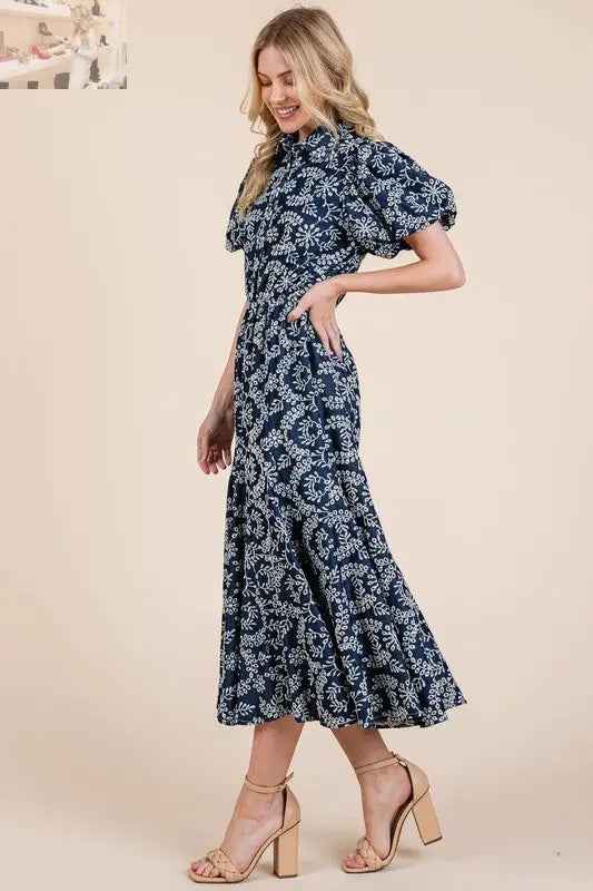 GeeGee Leaf Pattern Eyelet Lace Dress with Puff Sleeves - MegaSuperStar
