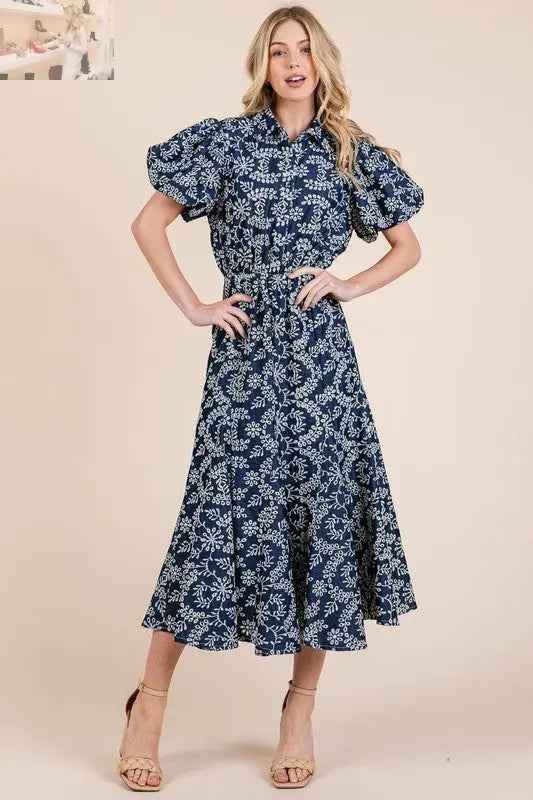 GeeGee Leaf Pattern Eyelet Lace Dress with Puff Sleeves - MegaSuperStar