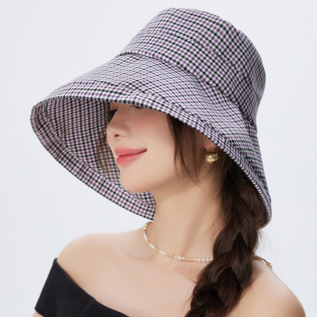 Gingham Pattern Wide Brim Bucket Hat - MegaSuperStar