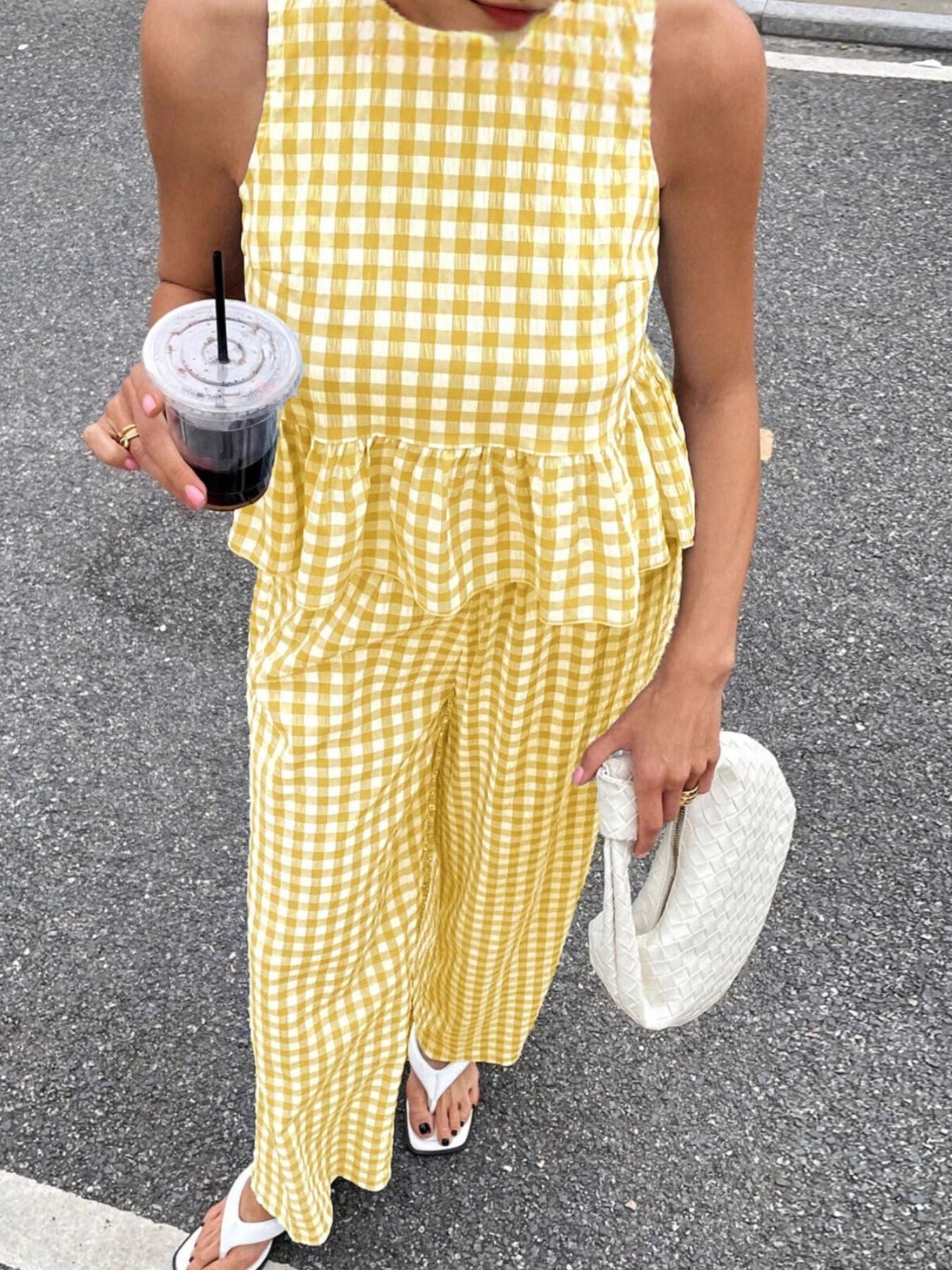 Gingham Sleeveless Top and Wide - Leg Pants Set - MegaSuperStar