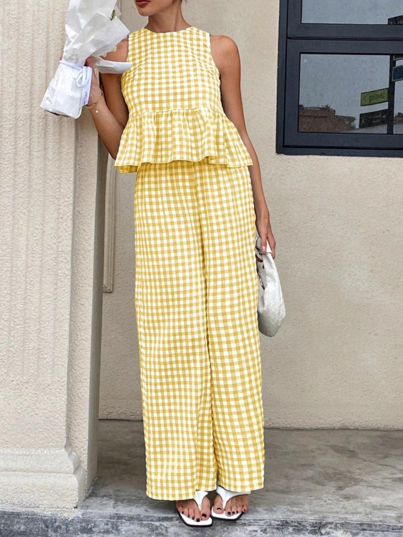 Gingham Sleeveless Top and Wide - Leg Pants Set - MegaSuperStar