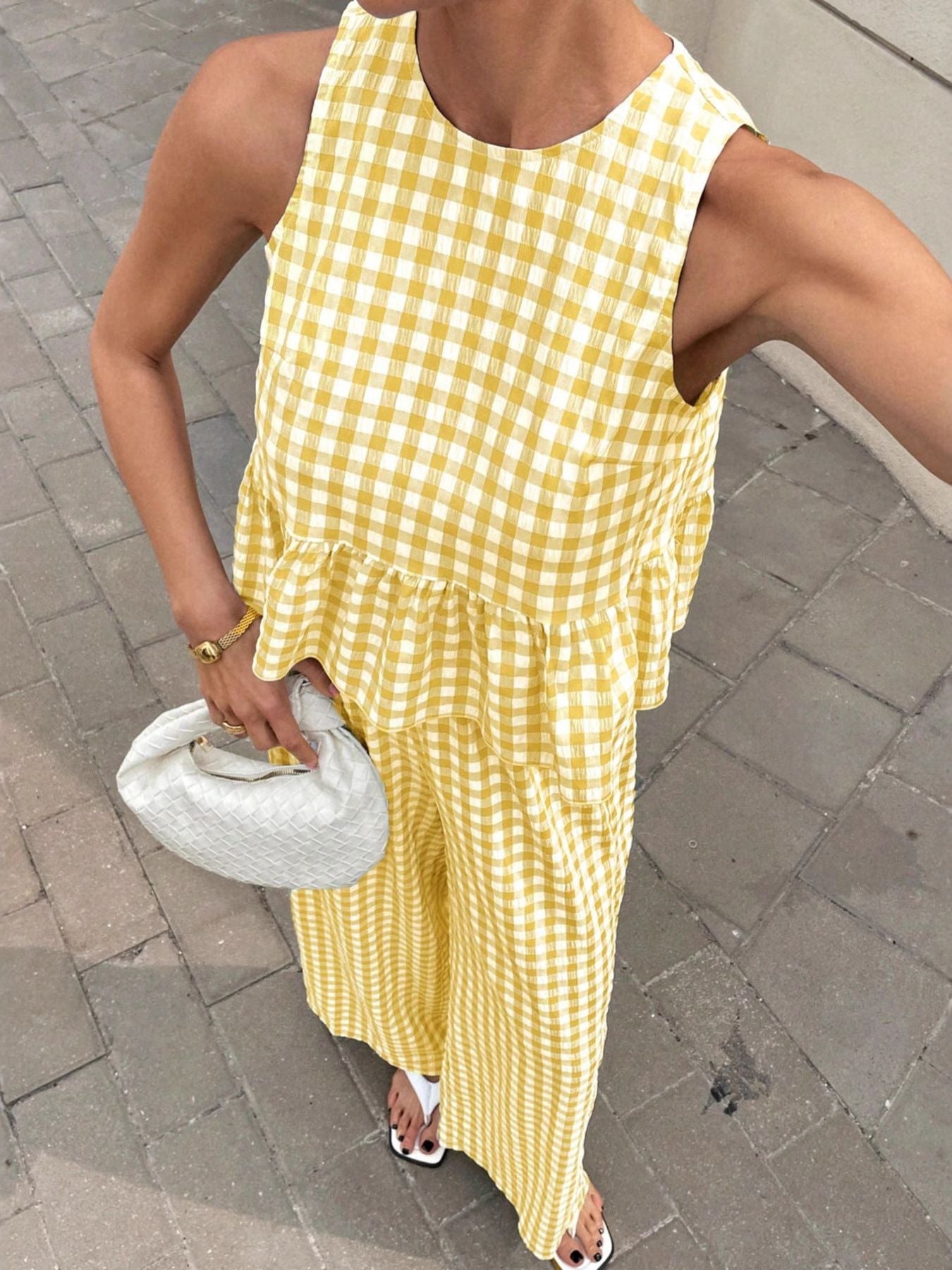 Gingham Sleeveless Top and Wide - Leg Pants Set - MegaSuperStar