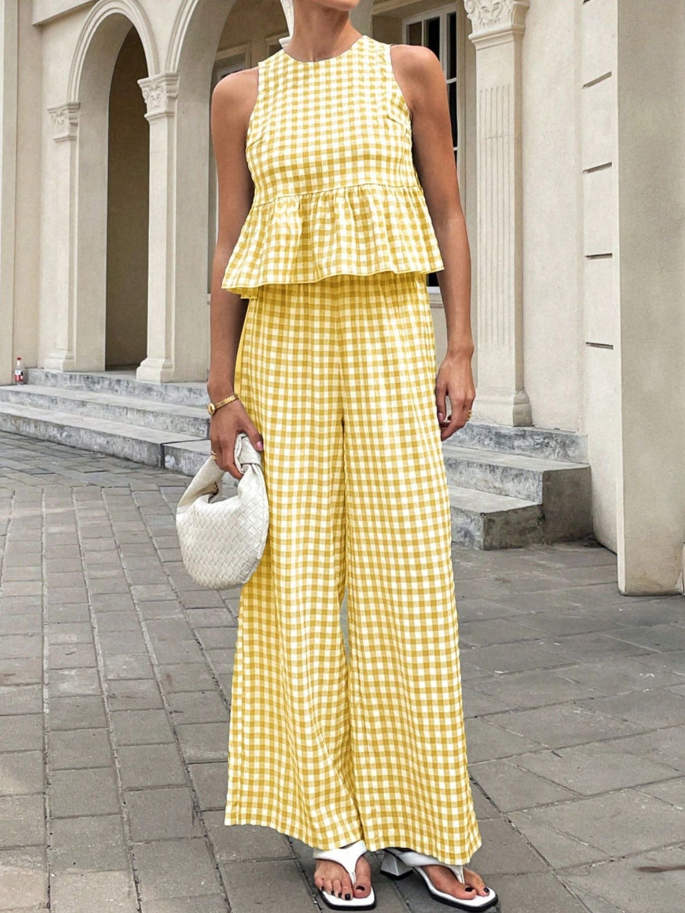 Gingham Sleeveless Top and Wide - Leg Pants Set - MegaSuperStar