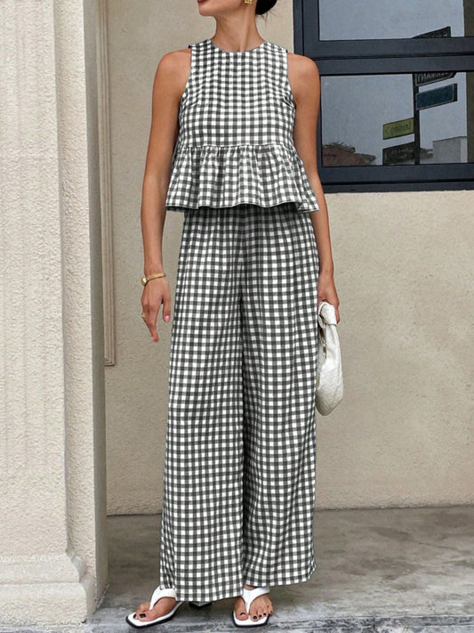 Gingham Sleeveless Top and Wide - Leg Pants Set - MegaSuperStar