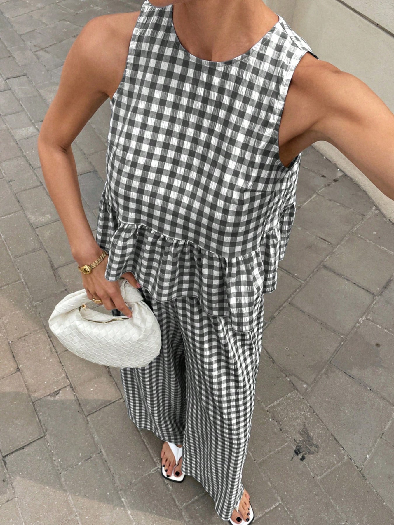 Gingham Sleeveless Top and Wide - Leg Pants Set - MegaSuperStar