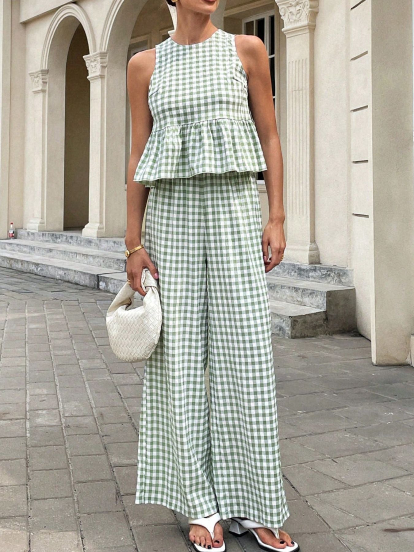 Gingham Sleeveless Top and Wide - Leg Pants Set - MegaSuperStar
