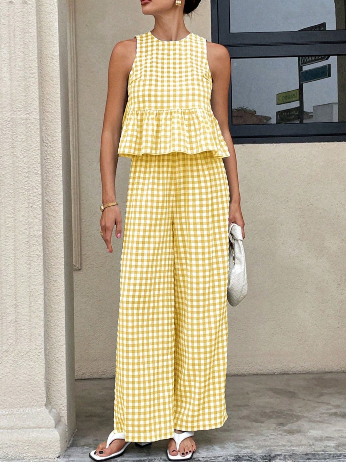Gingham Sleeveless Top and Wide - Leg Pants Set - MegaSuperStar