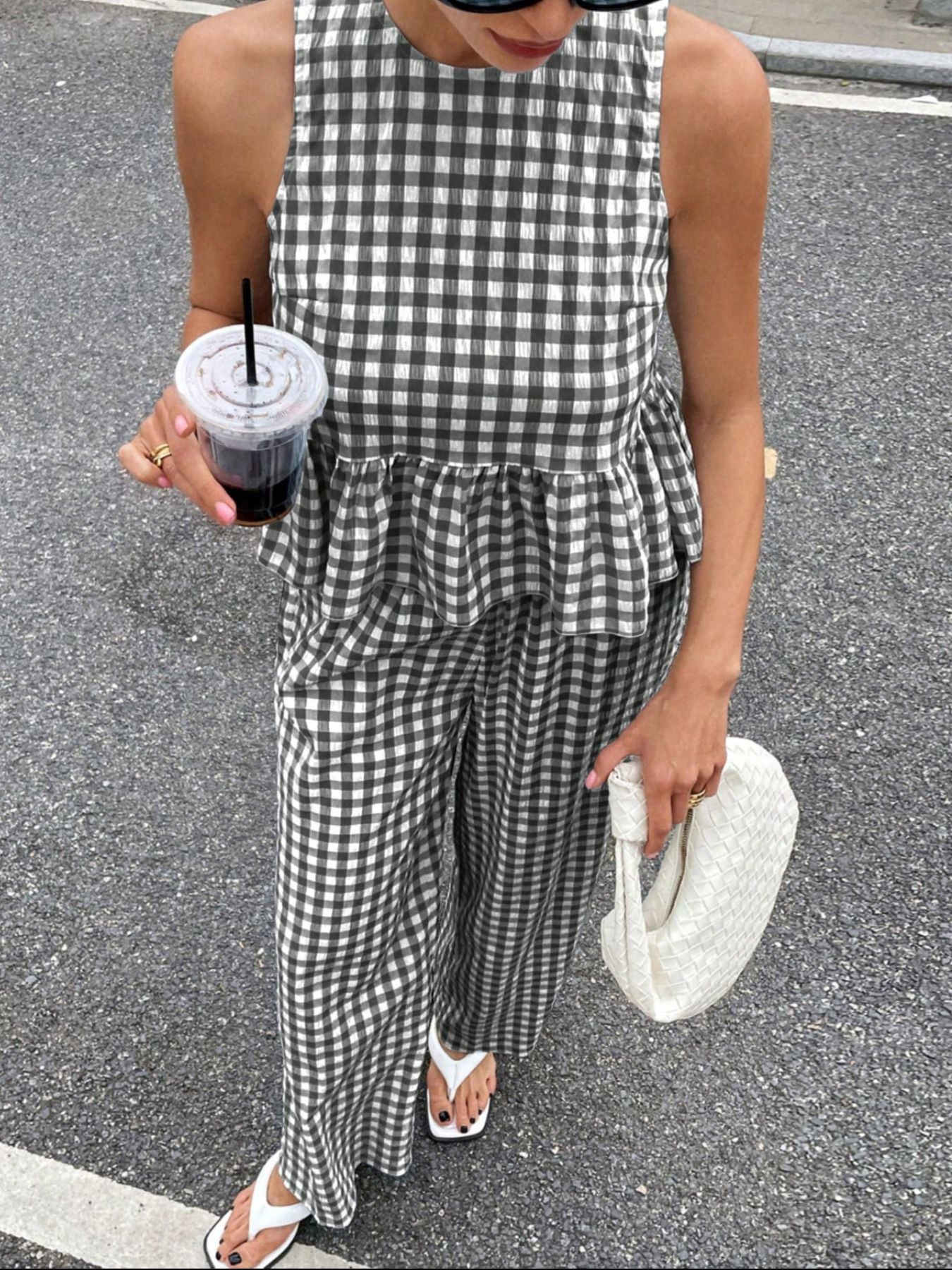 Gingham Sleeveless Top and Wide - Leg Pants Set - MegaSuperStar