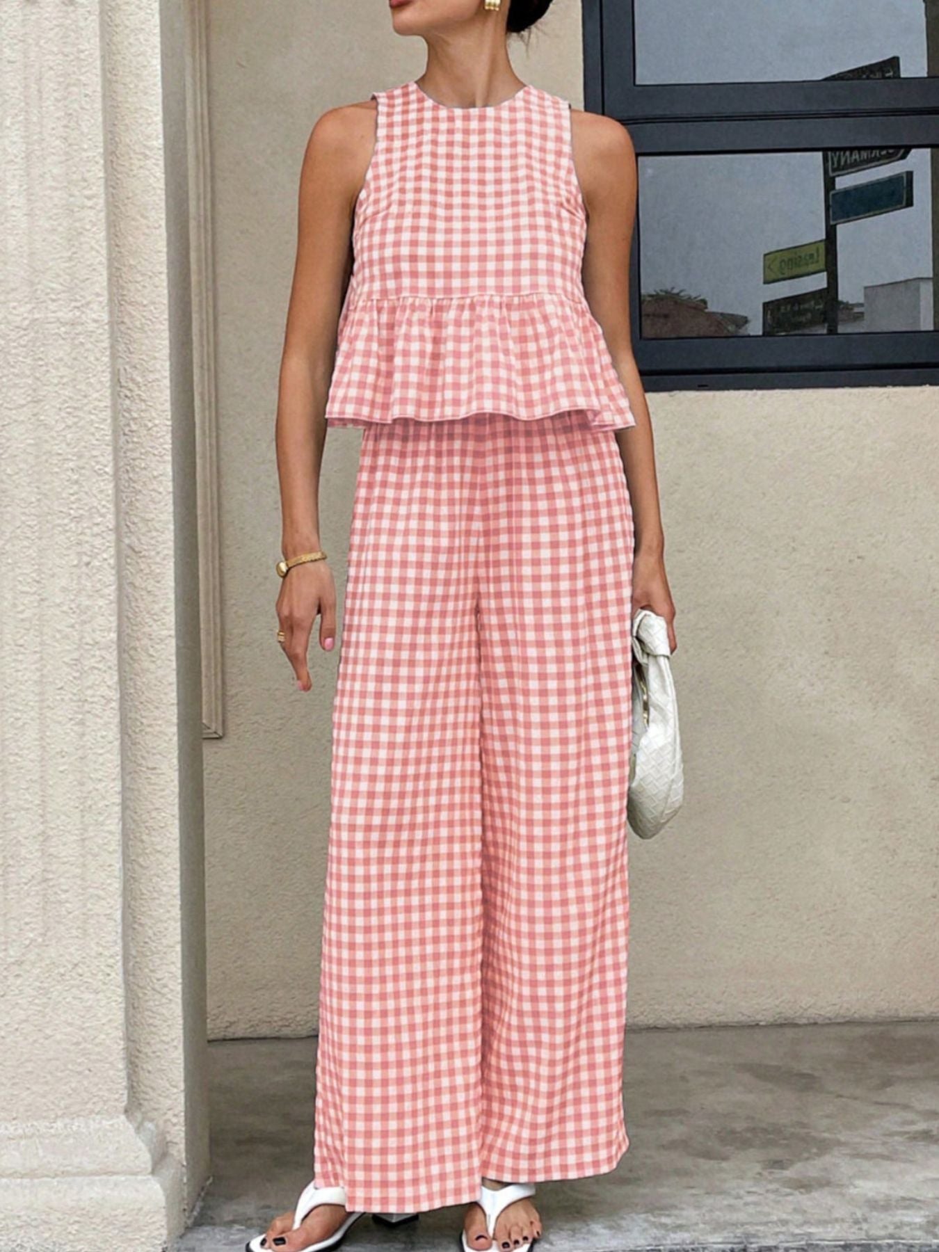 Gingham Sleeveless Top and Wide - Leg Pants Set - MegaSuperStar