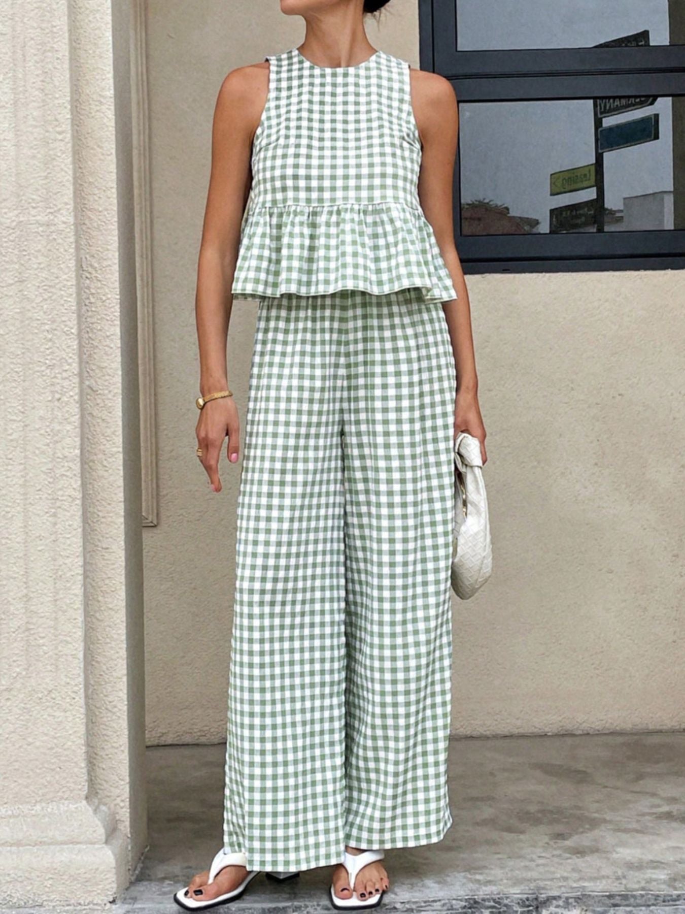 Gingham Sleeveless Top and Wide - Leg Pants Set - MegaSuperStar