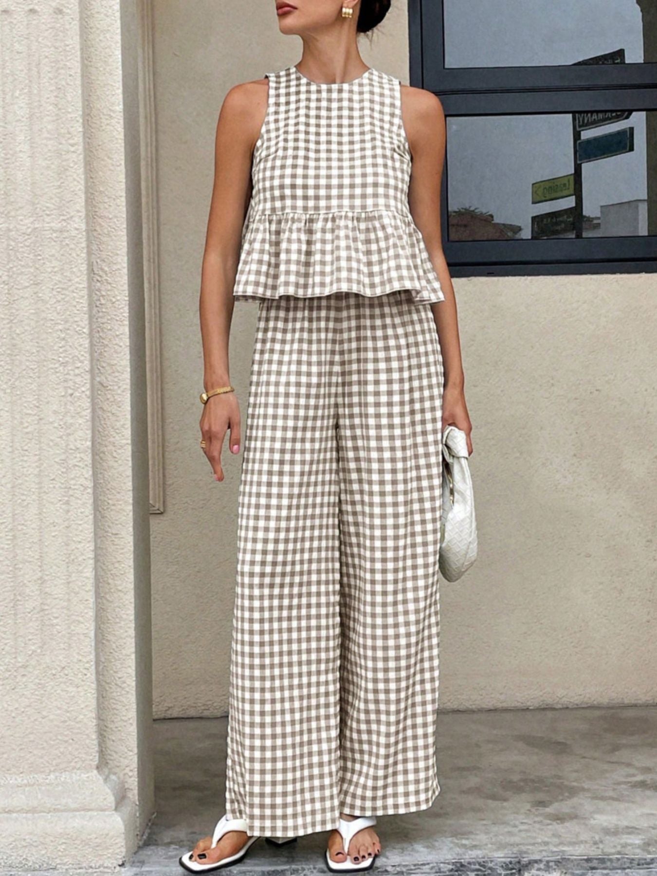 Gingham Sleeveless Top and Wide - Leg Pants Set - MegaSuperStar
