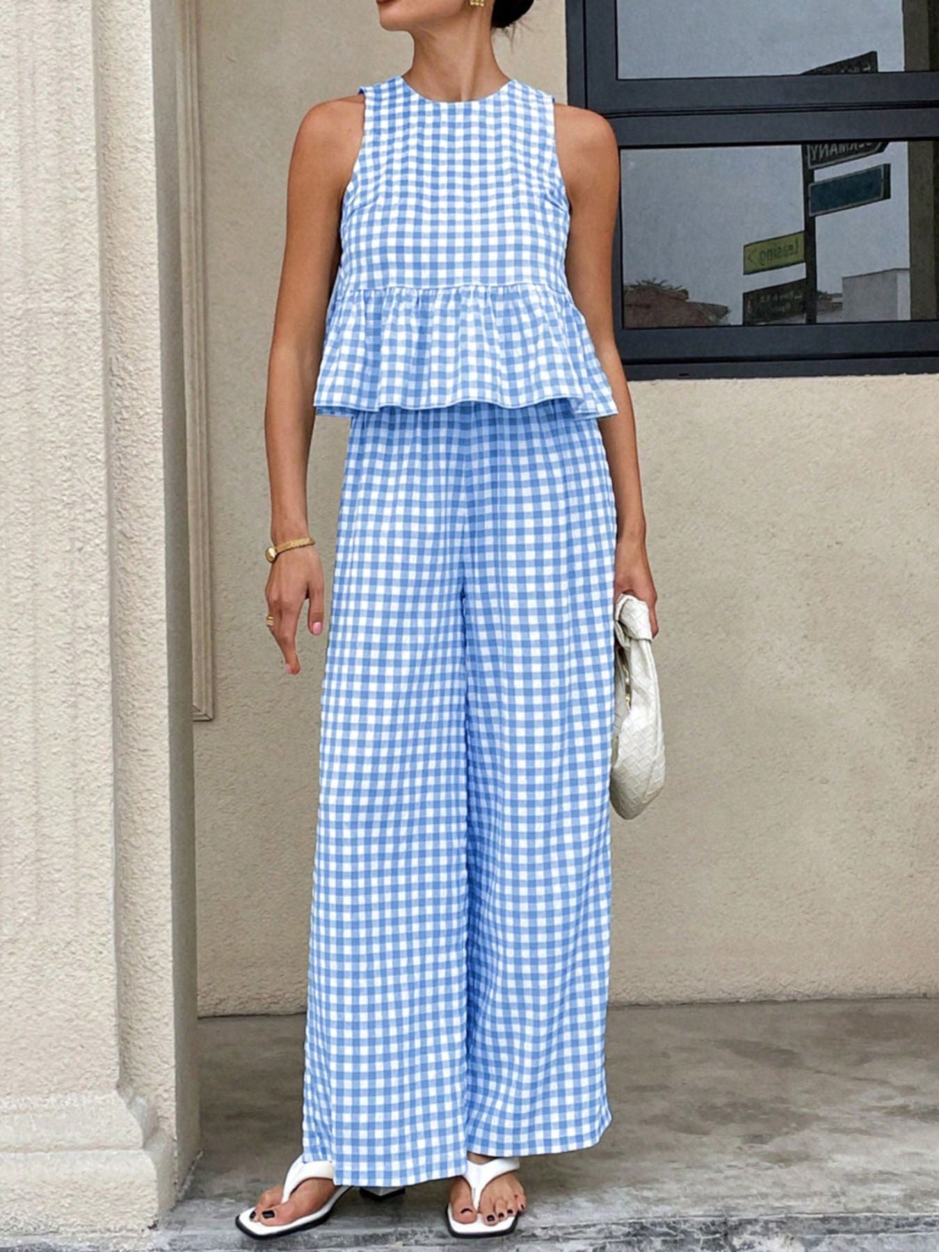 Gingham Sleeveless Top and Wide - Leg Pants Set - MegaSuperStar