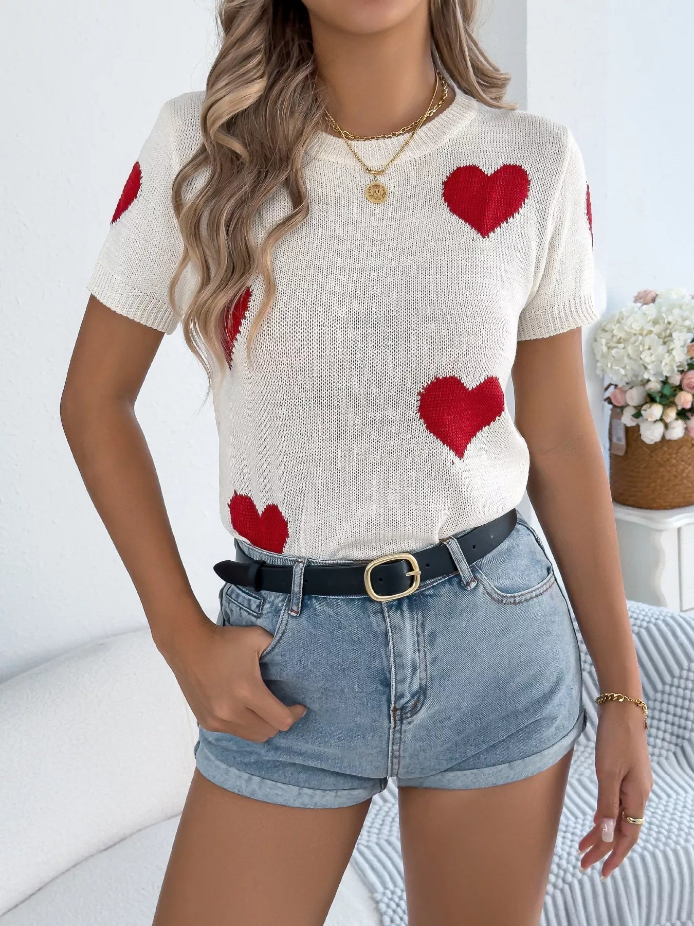 Heart Pattern Short Sleeve Knit Top - MegaSuperStar