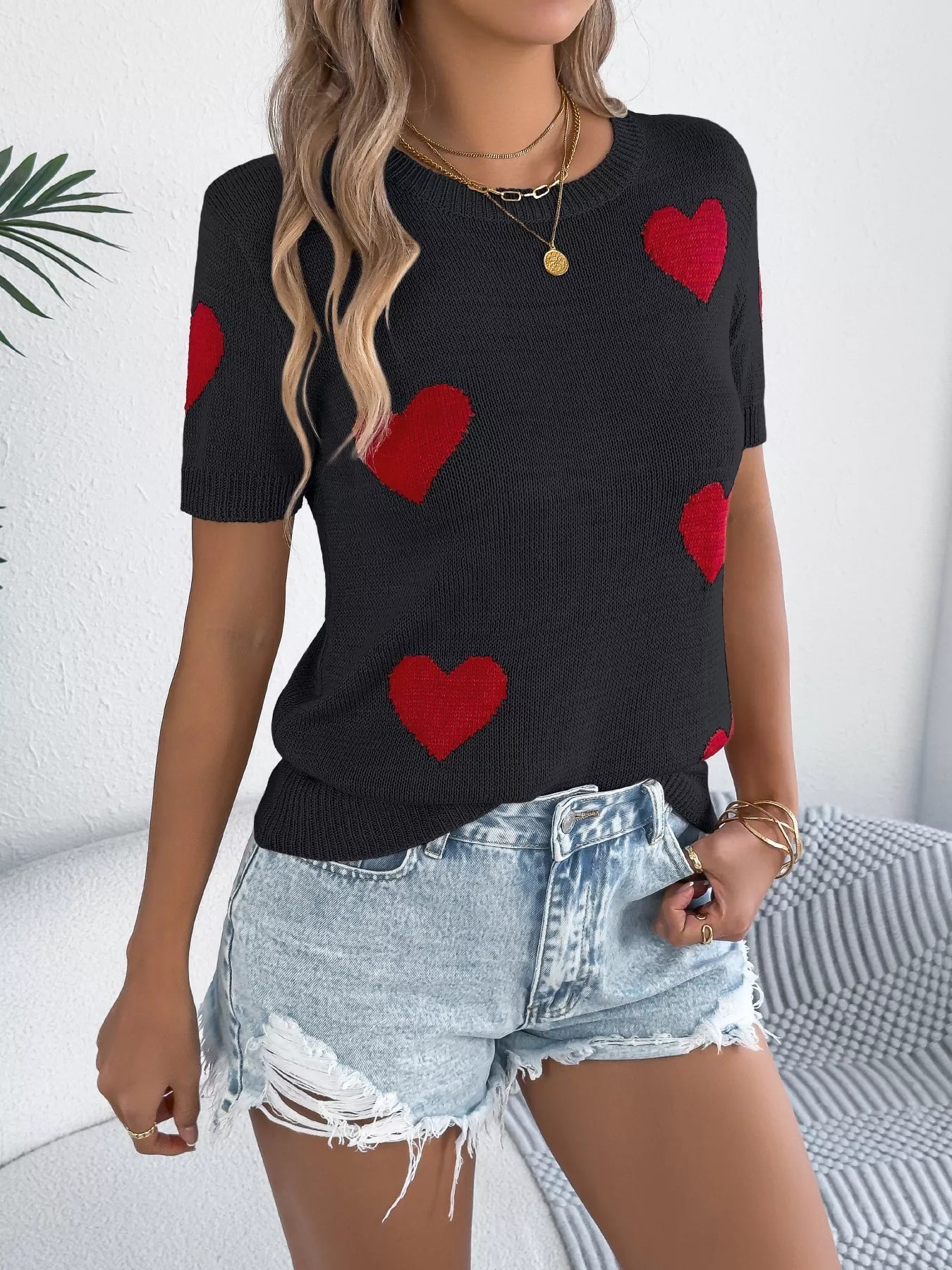 Heart Pattern Short Sleeve Knit Top - MegaSuperStar