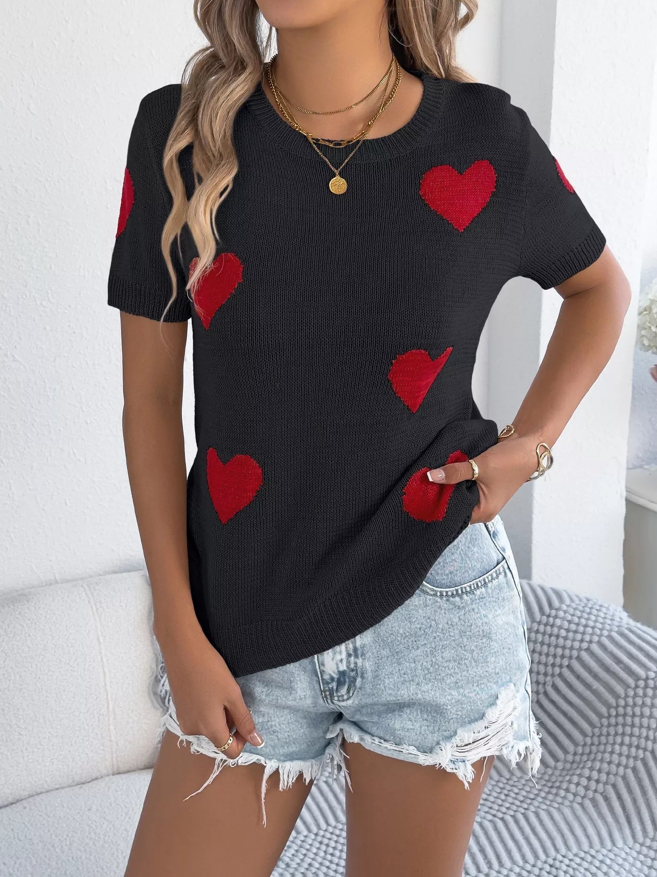 Heart Pattern Short Sleeve Knit Top - MegaSuperStar