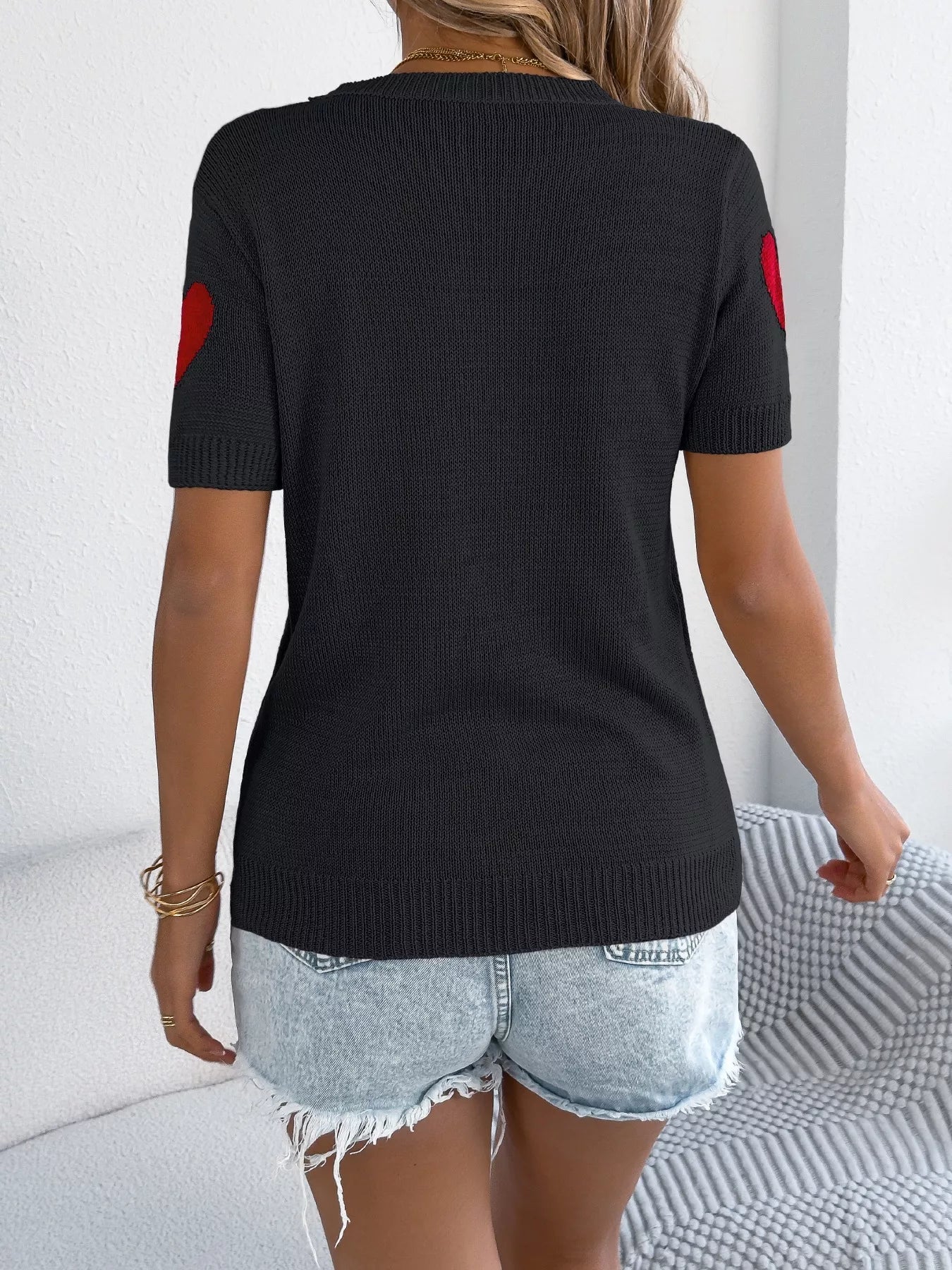 Heart Pattern Short Sleeve Knit Top - MegaSuperStar