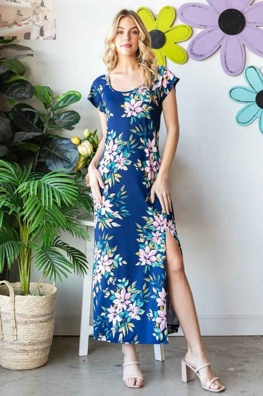 Heimish Floral Short Sleeve Dress with Slit - Full Size Design - MegaSuperStar