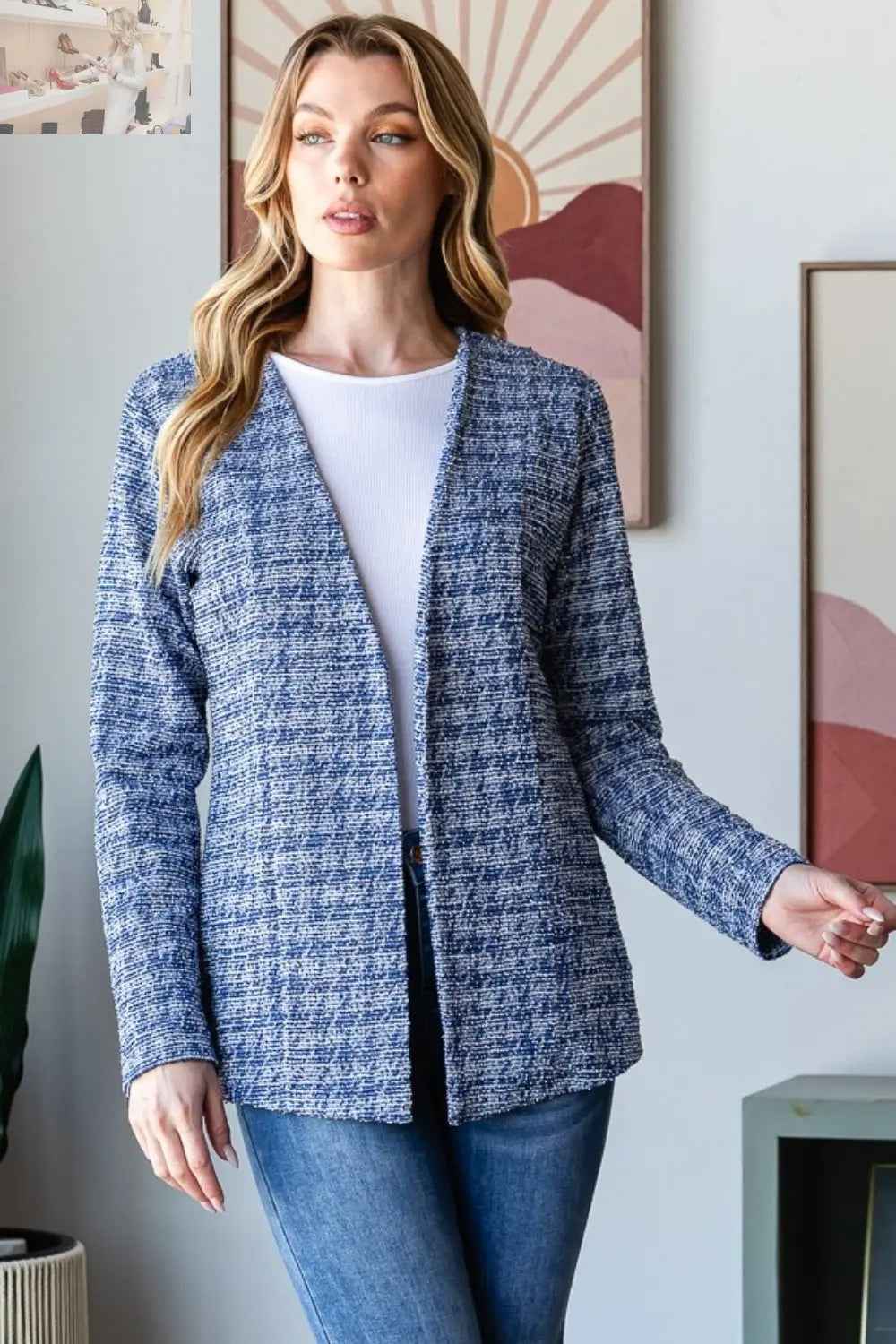 Heimish Houndstooth Blazer - Full Size Tweed Open Front Style - MegaSuperStar
