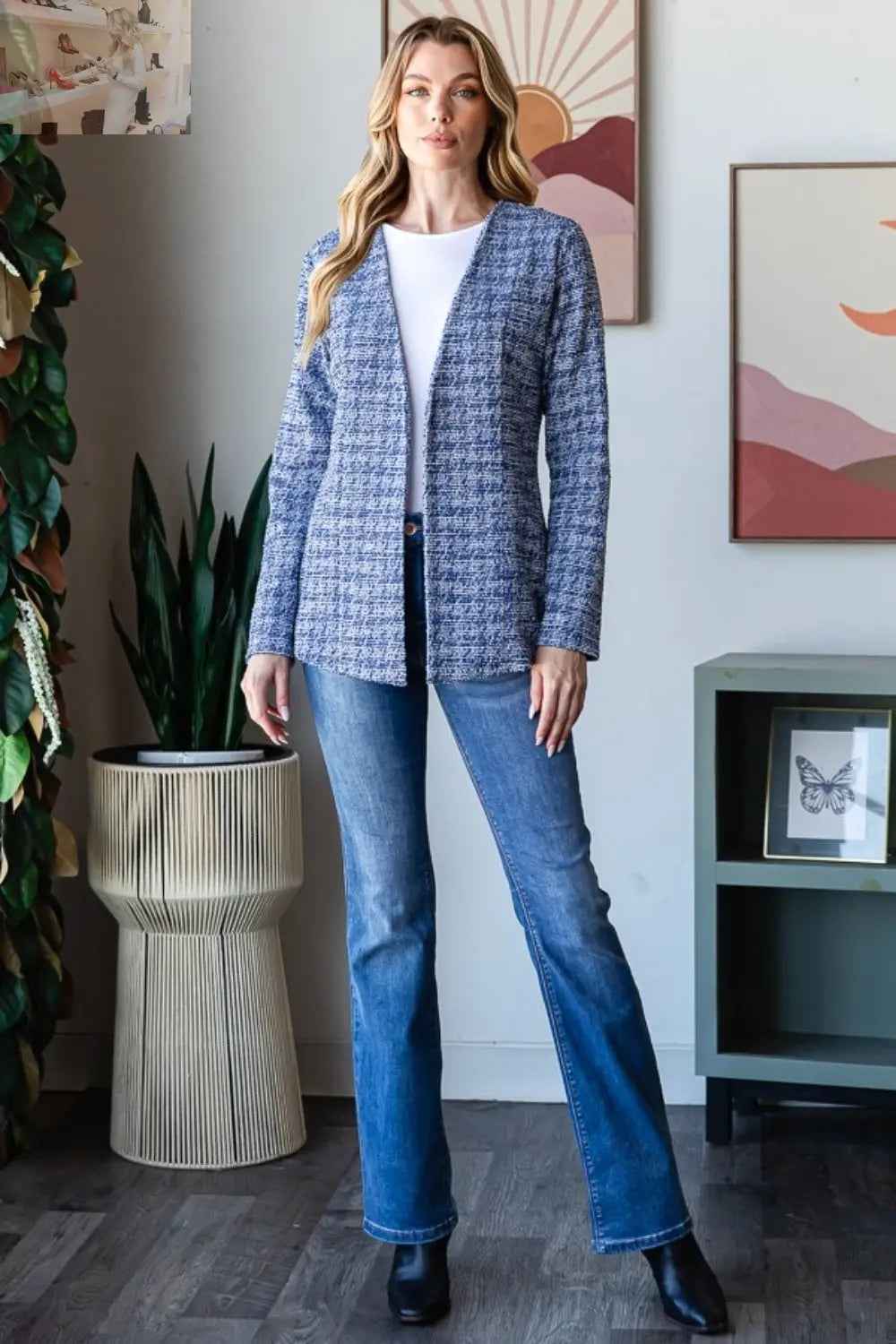 Heimish Houndstooth Blazer - Full Size Tweed Open Front Style - MegaSuperStar