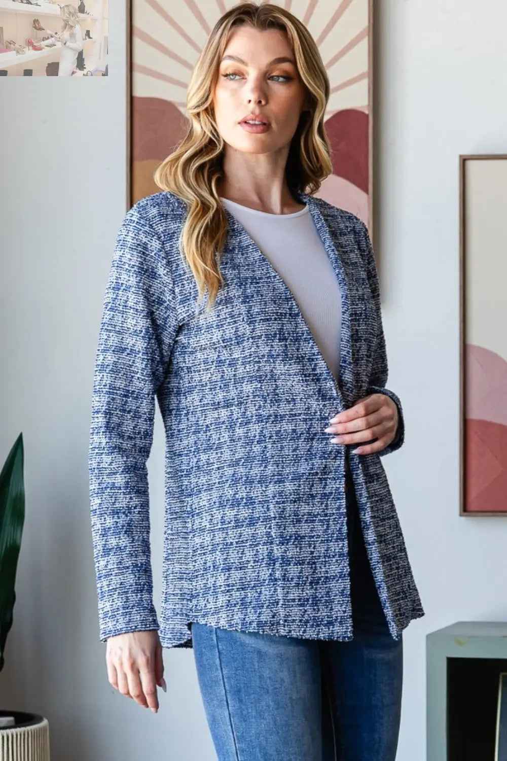 Heimish Houndstooth Blazer - Full Size Tweed Open Front Style - MegaSuperStar