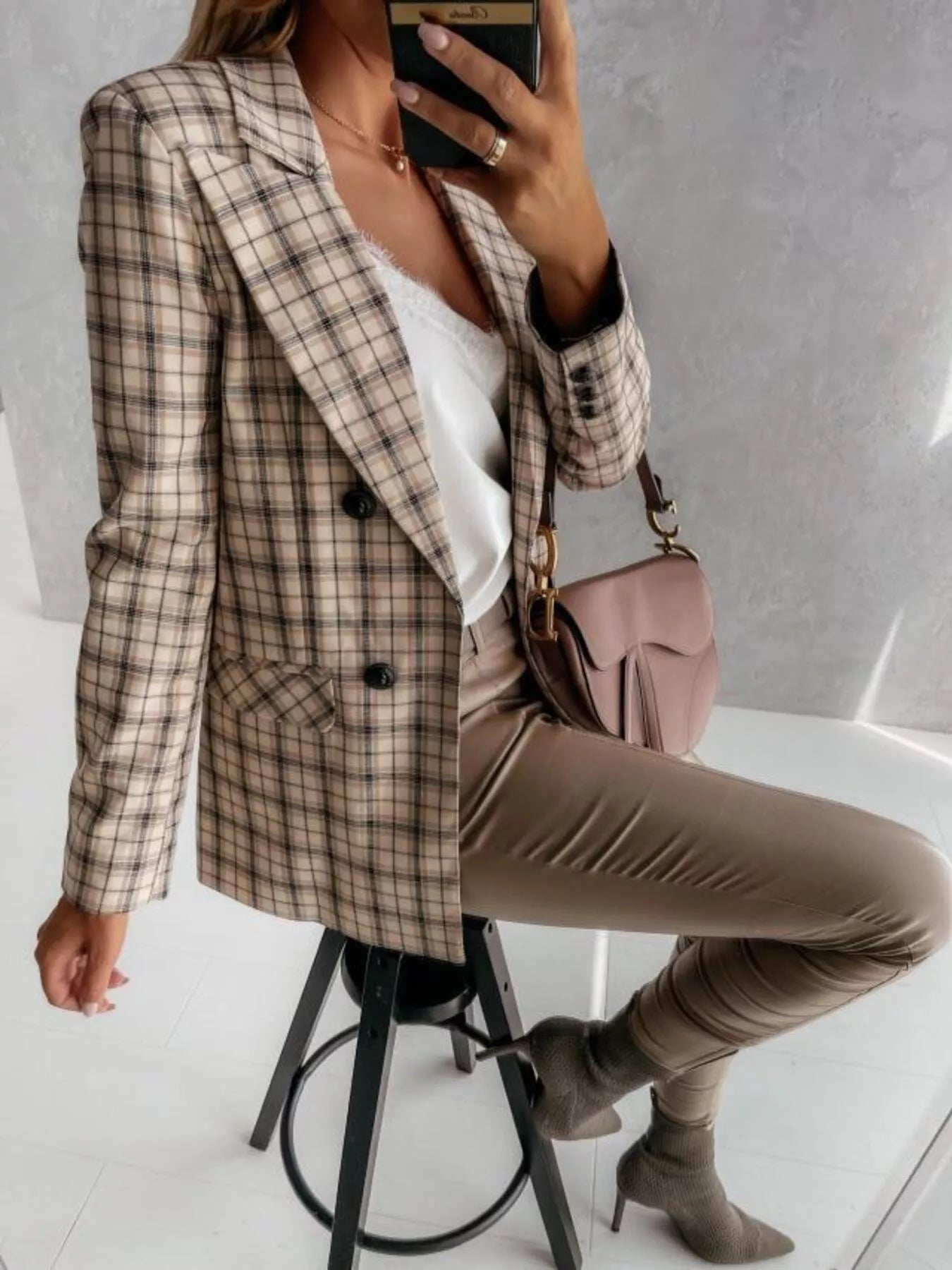 Houndstooth Double - Breasted Blazer - MegaSuperStar
