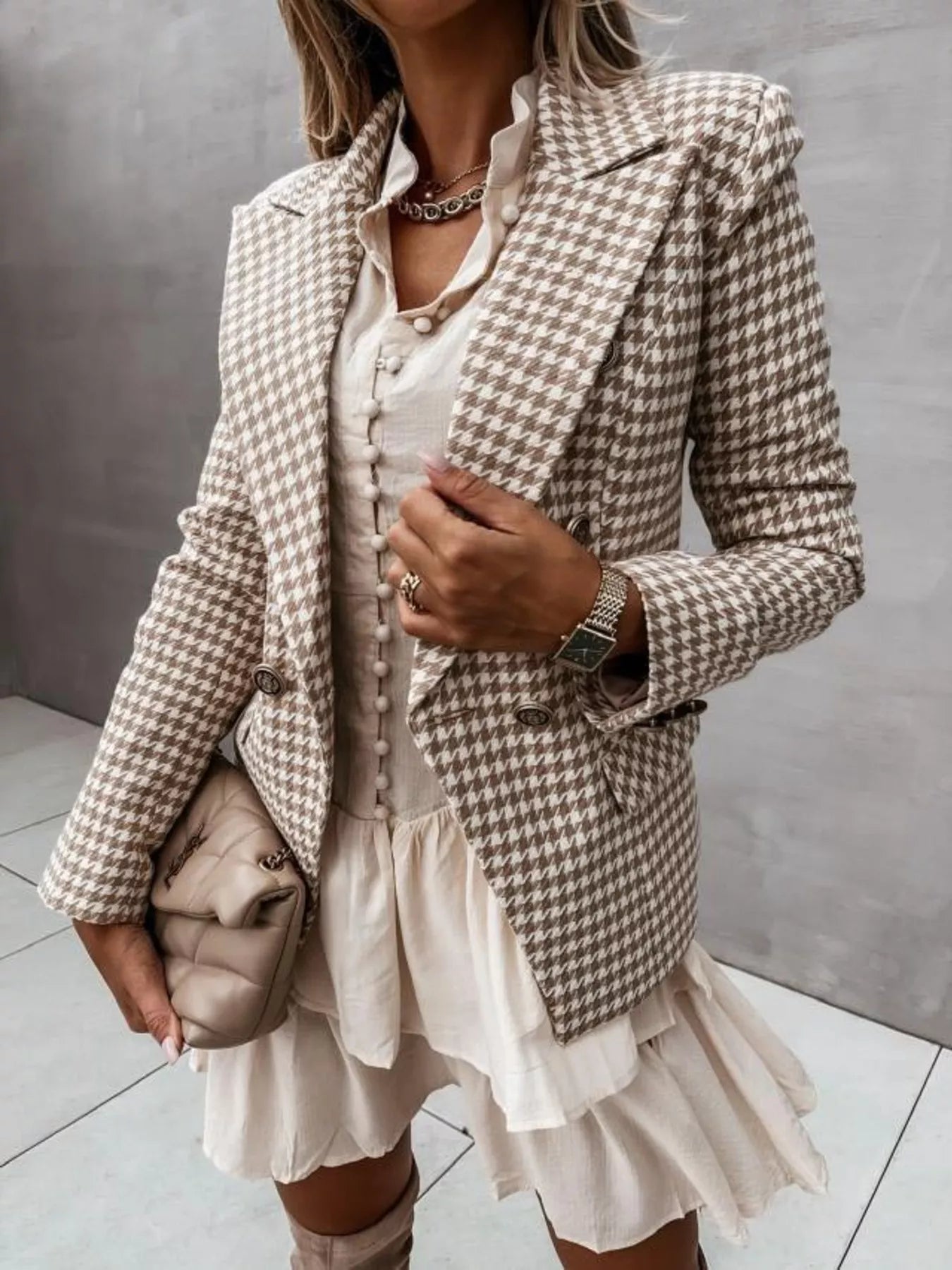 Houndstooth Double - Breasted Blazer - MegaSuperStar