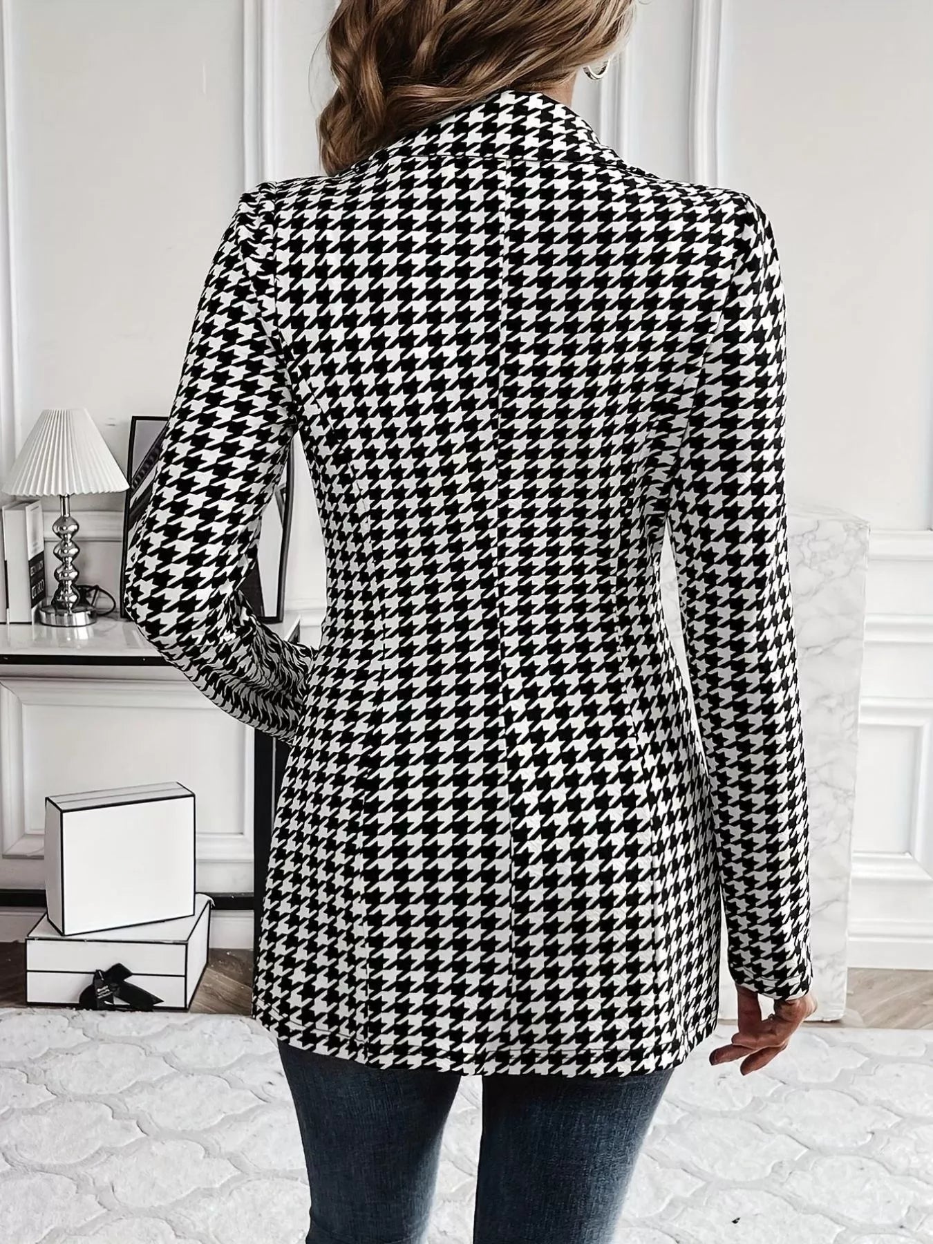 Houndstooth Print Lapel Collar Blazer - MegaSuperStar