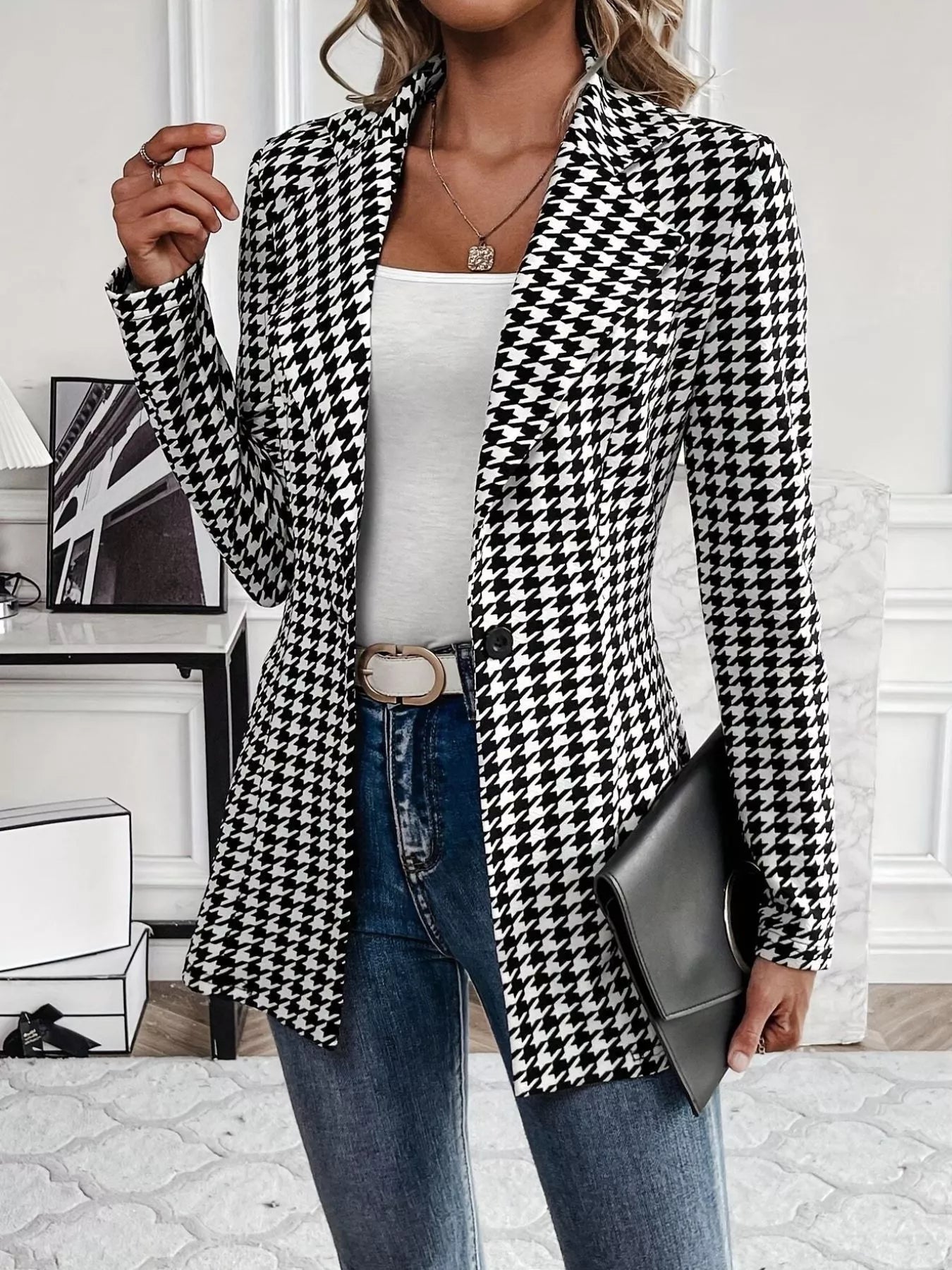Houndstooth Print Lapel Collar Blazer - MegaSuperStar