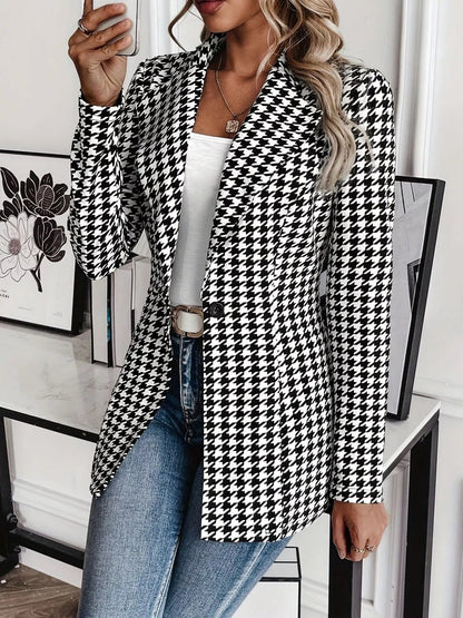 Houndstooth Print Lapel Collar Blazer - MegaSuperStar