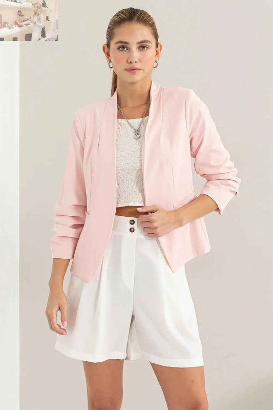 HYFVE Open Front Ruched Sleeve Blazer - Stylish HYFVE Blazer with Ruched Sleeves - MegaSuperStar