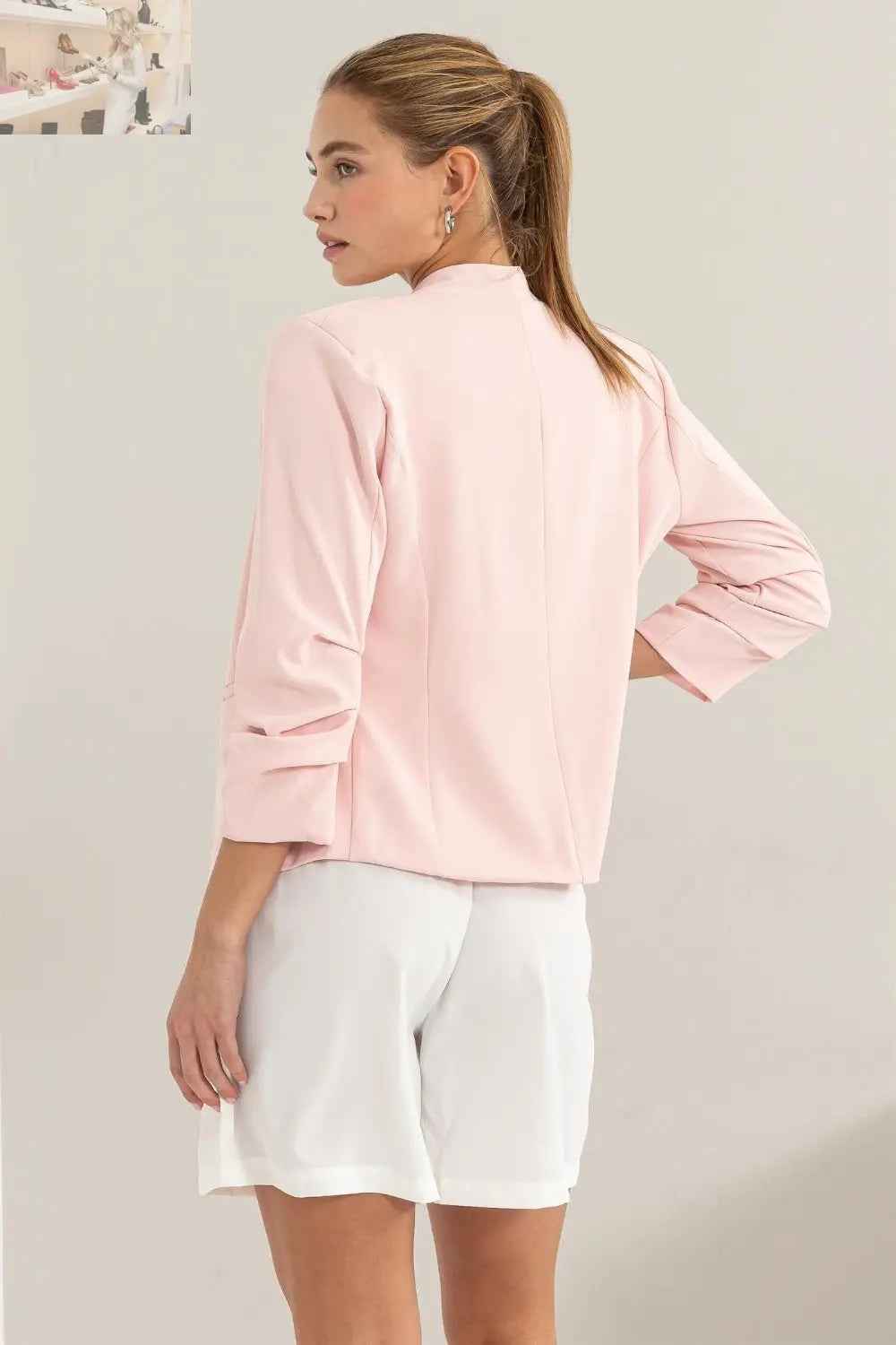 HYFVE Open Front Ruched Sleeve Blazer - Stylish HYFVE Blazer with Ruched Sleeves - MegaSuperStar