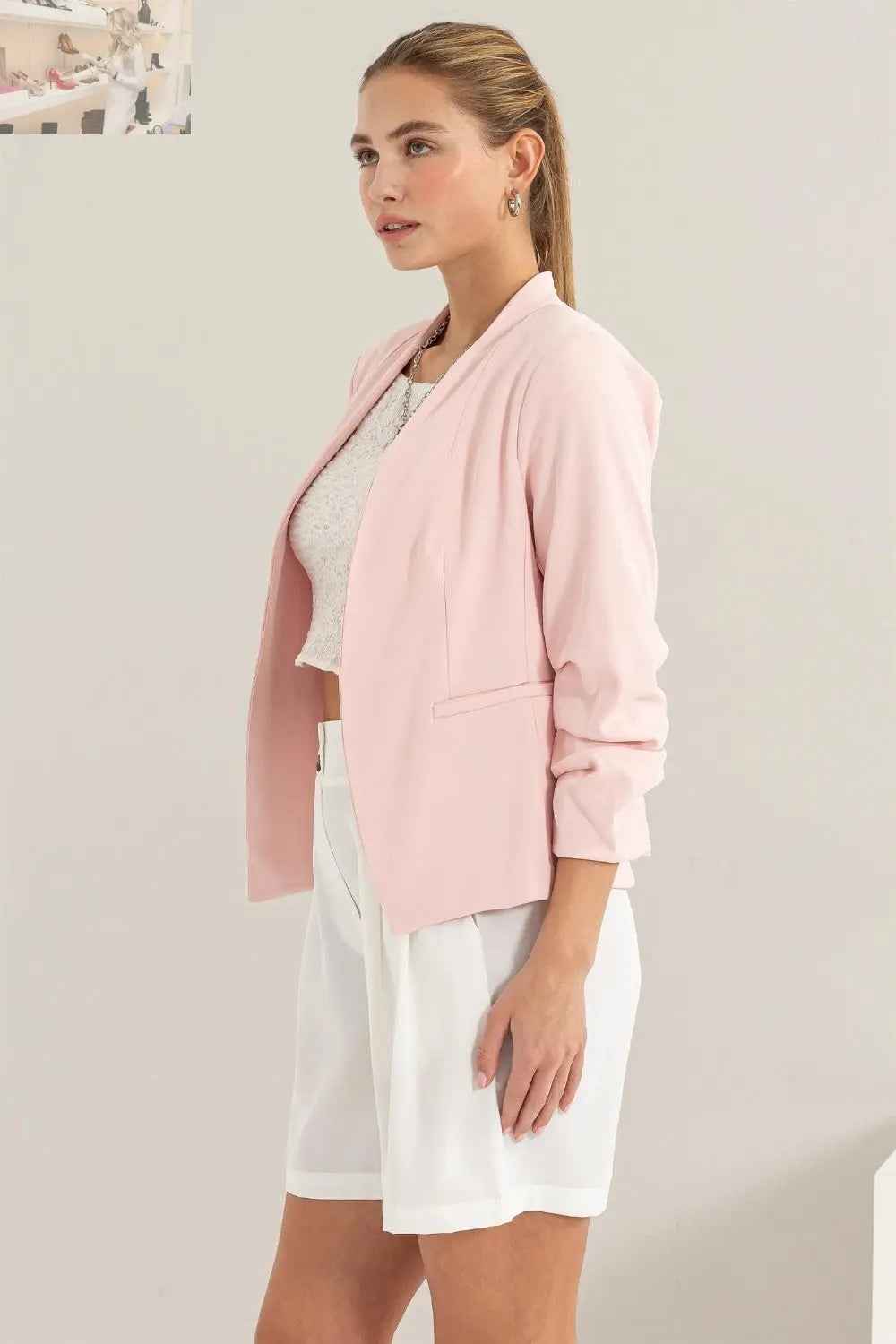 HYFVE Open Front Ruched Sleeve Blazer - Stylish HYFVE Blazer with Ruched Sleeves - MegaSuperStar