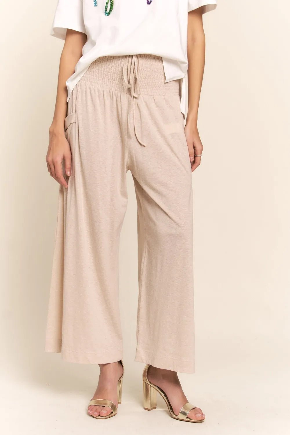 J.NNA Smocked Waist Boho Wide Leg Pants with Pockets - MegaSuperStar