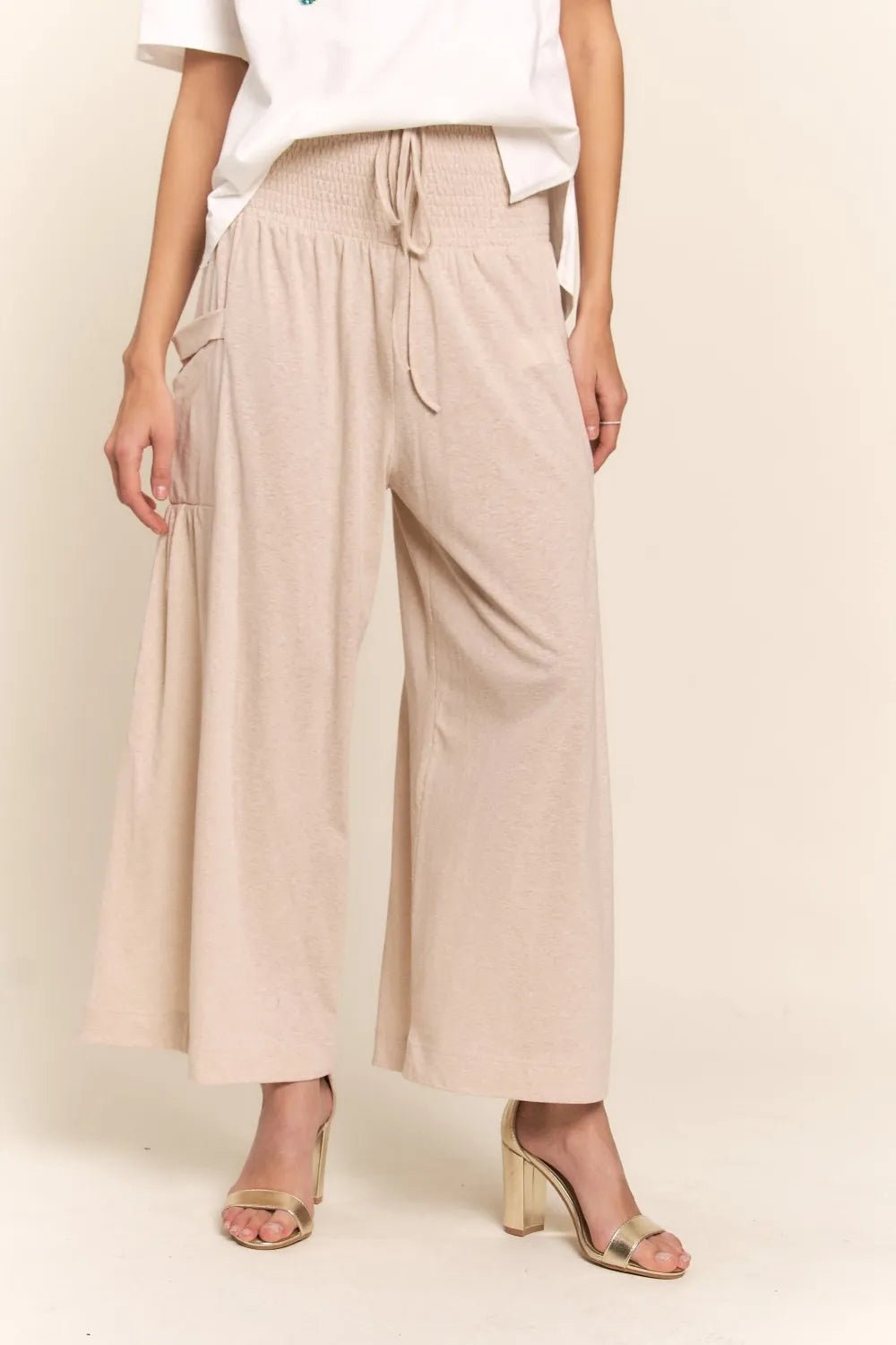 J.NNA Smocked Waist Boho Wide Leg Pants with Pockets - MegaSuperStar