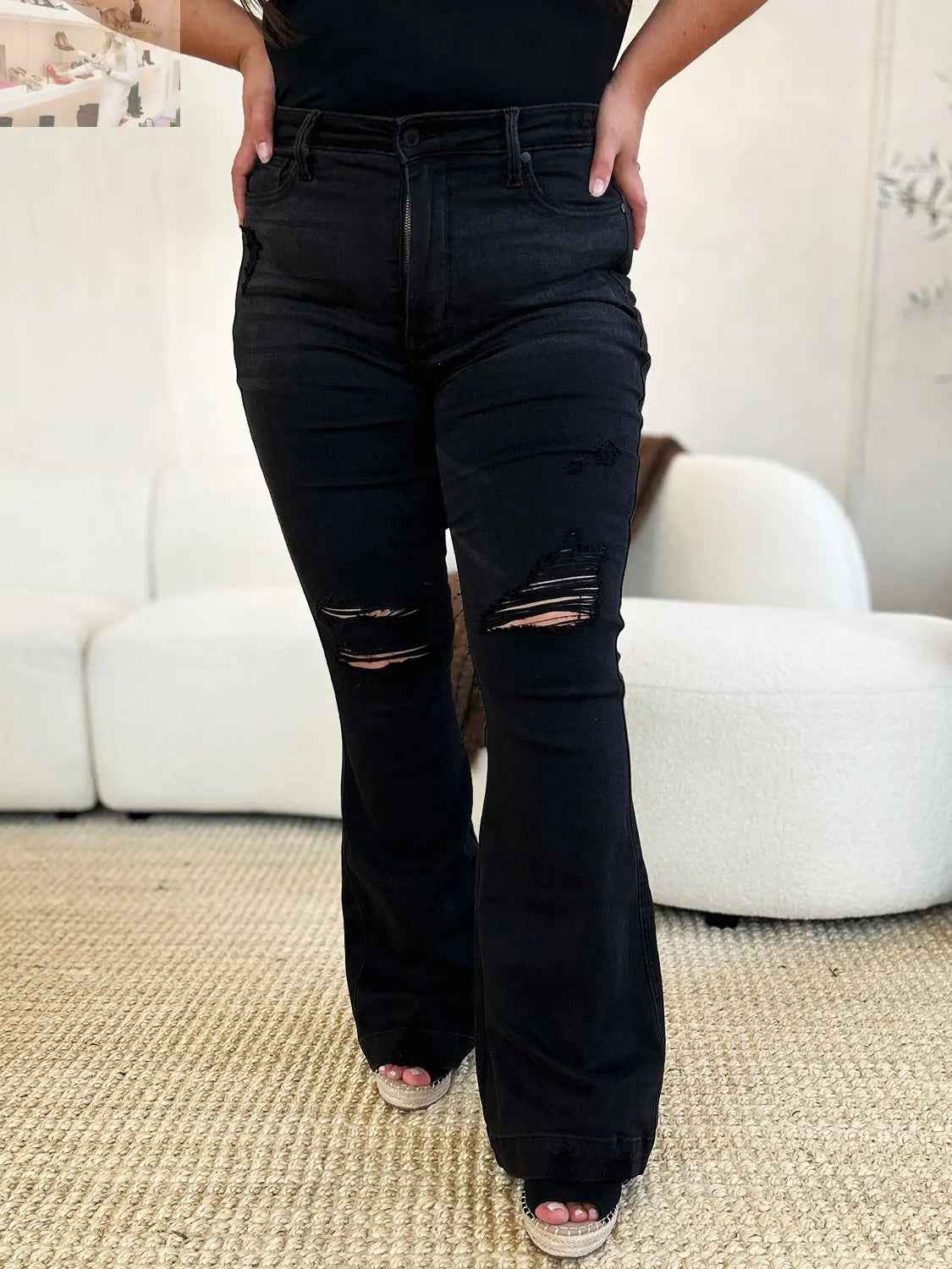 Judy Blue Distressed Flare Jeans in Full Size with High Waist Design - MegaSuperStar