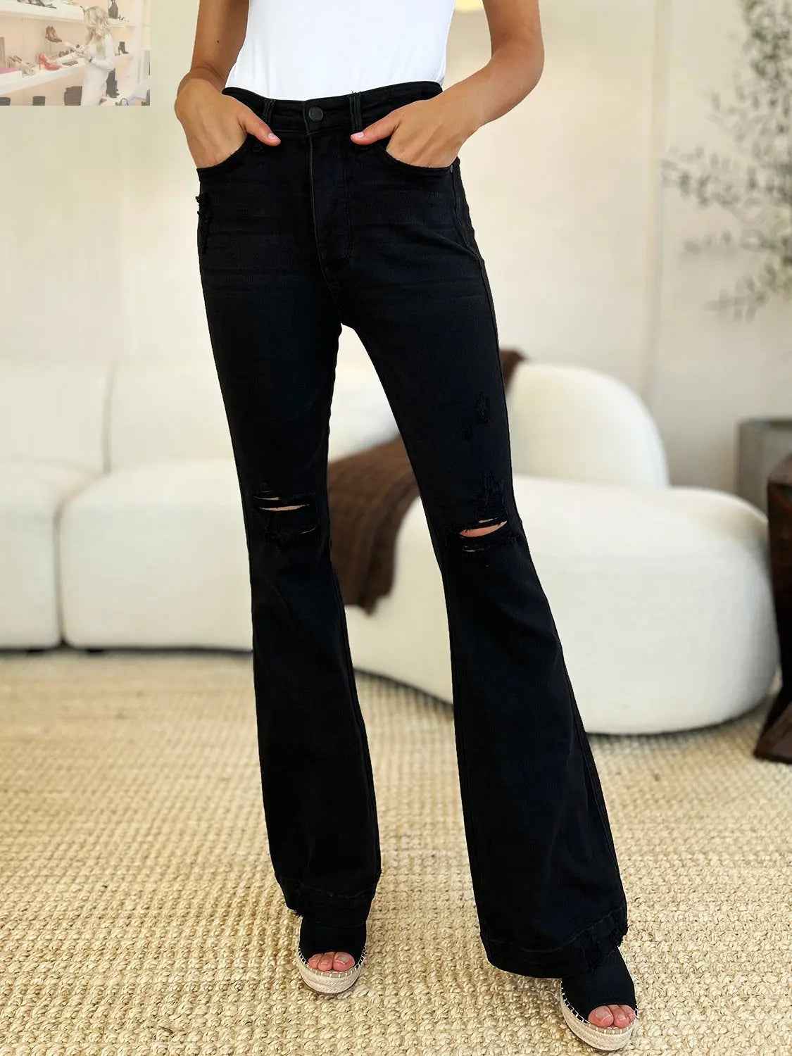 Judy Blue Distressed Flare Jeans in Full Size with High Waist Design - MegaSuperStar