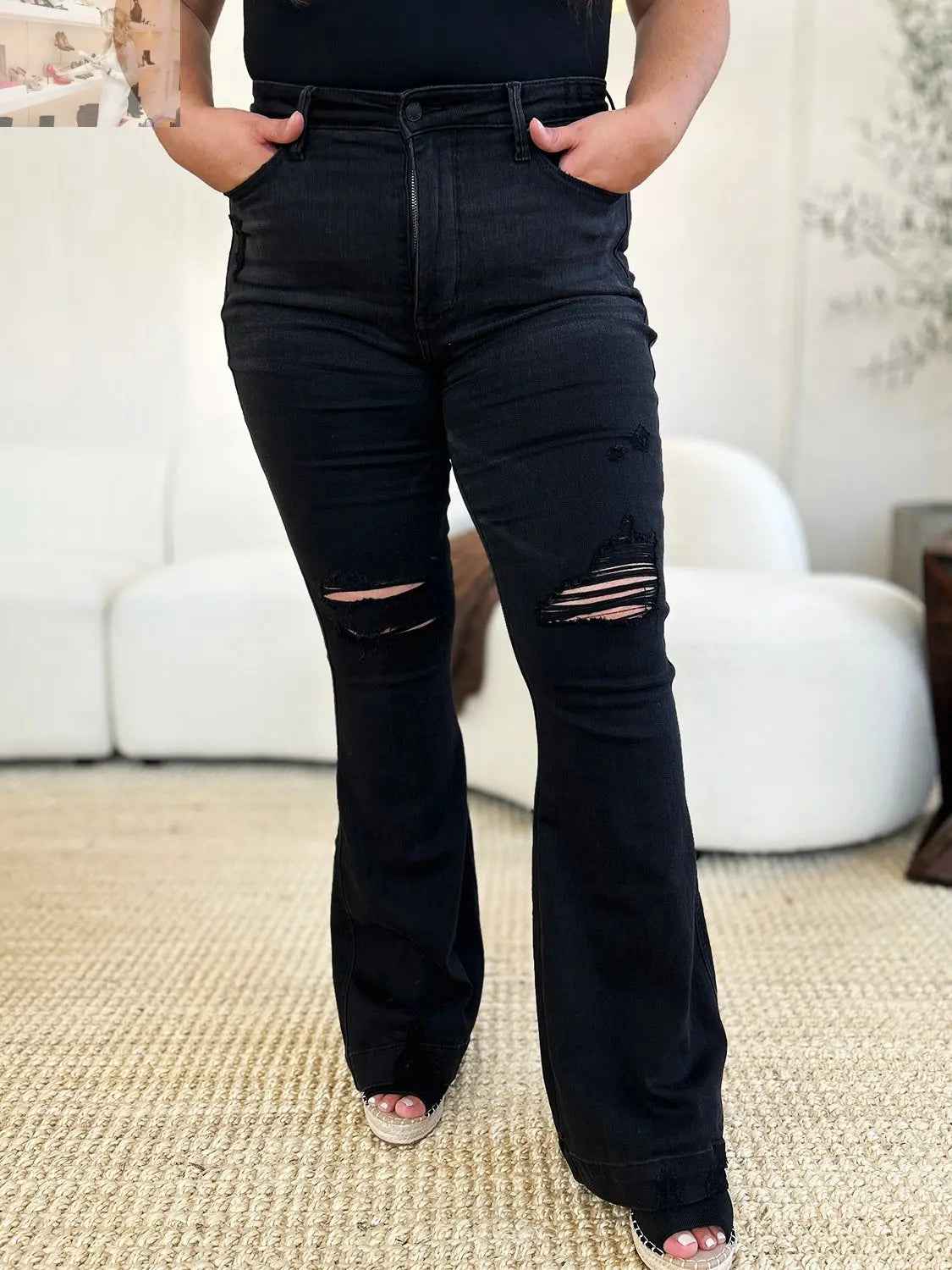Judy Blue Distressed Flare Jeans in Full Size with High Waist Design - MegaSuperStar