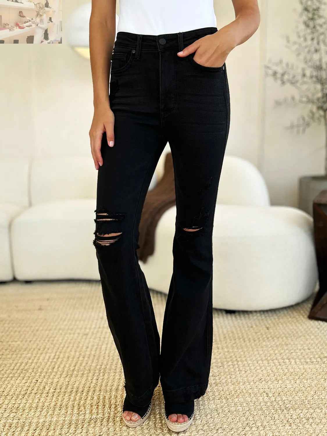 Judy Blue Distressed Flare Jeans in Full Size with High Waist Design - MegaSuperStar