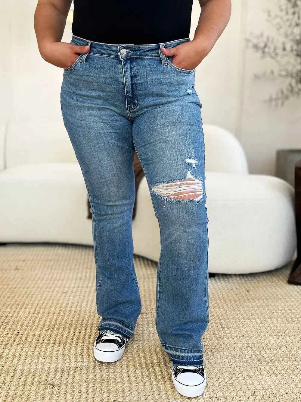 Judy Blue Distressed Jeans - Full Size Mid Rise with Destroyed Hem - MegaSuperStar