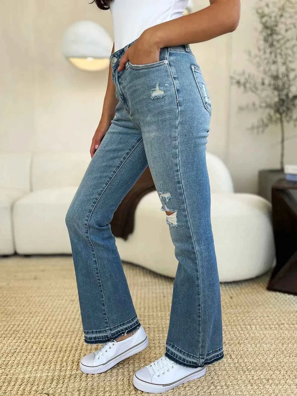 Judy Blue Distressed Jeans - Full Size Mid Rise with Destroyed Hem - MegaSuperStar