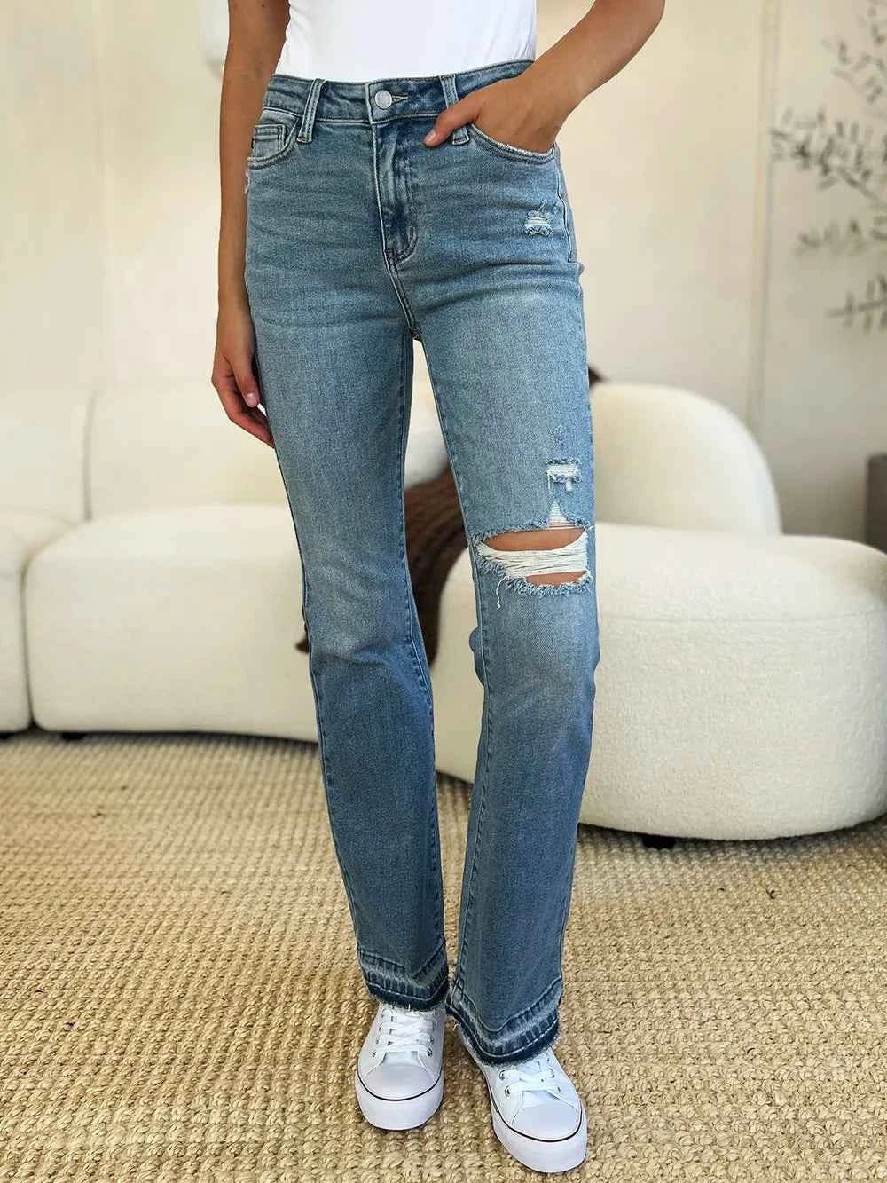 Judy Blue Distressed Jeans - Full Size Mid Rise with Destroyed Hem - MegaSuperStar