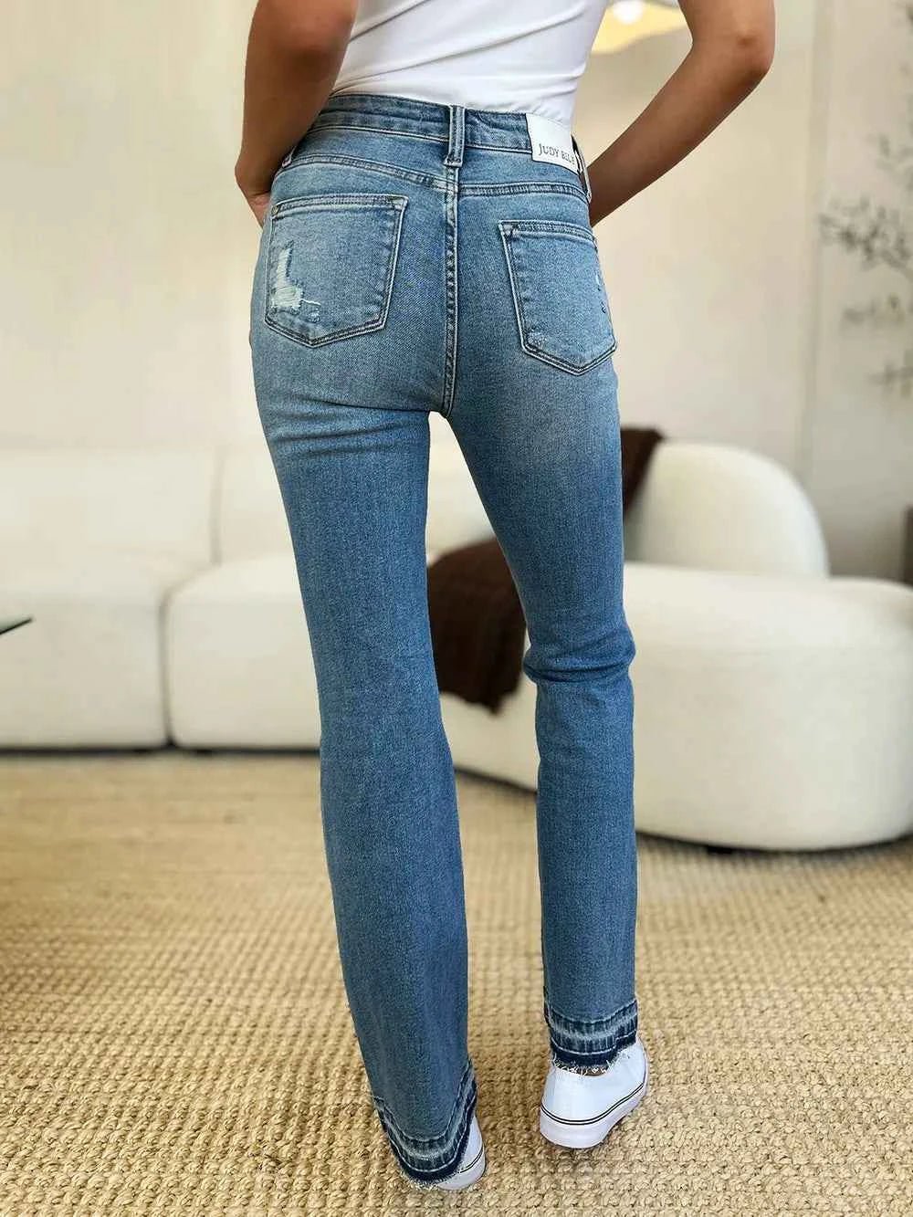 Judy Blue Distressed Jeans - Full Size Mid Rise with Destroyed Hem - MegaSuperStar