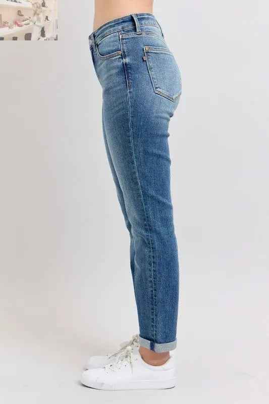 Judy Blue Plus Size Mid Rise Skinny Jeans with Cuffs and Pockets - MegaSuperStar