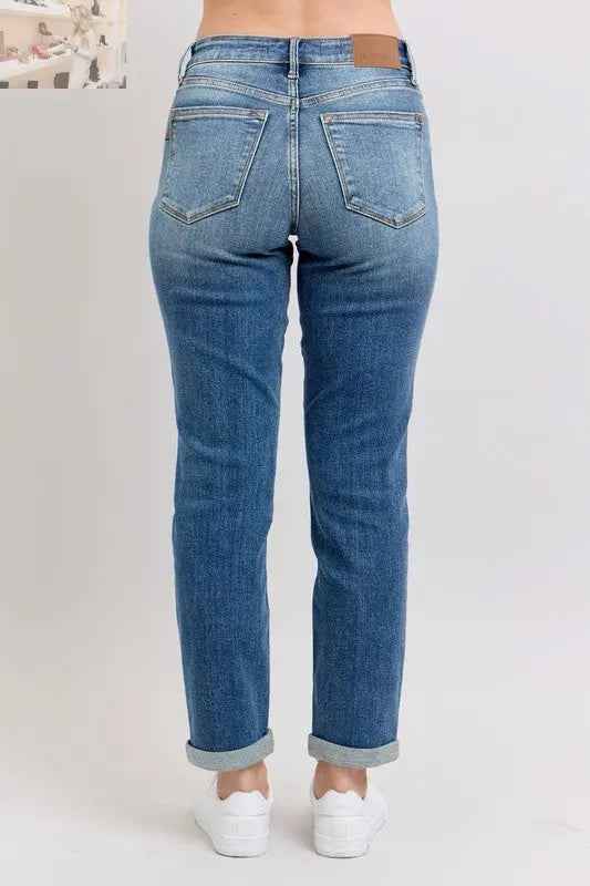 Judy Blue Plus Size Mid Rise Skinny Jeans with Cuffs and Pockets - MegaSuperStar