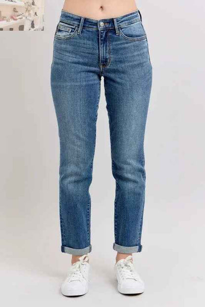 Judy Blue Plus Size Mid Rise Skinny Jeans with Cuffs and Pockets - MegaSuperStar