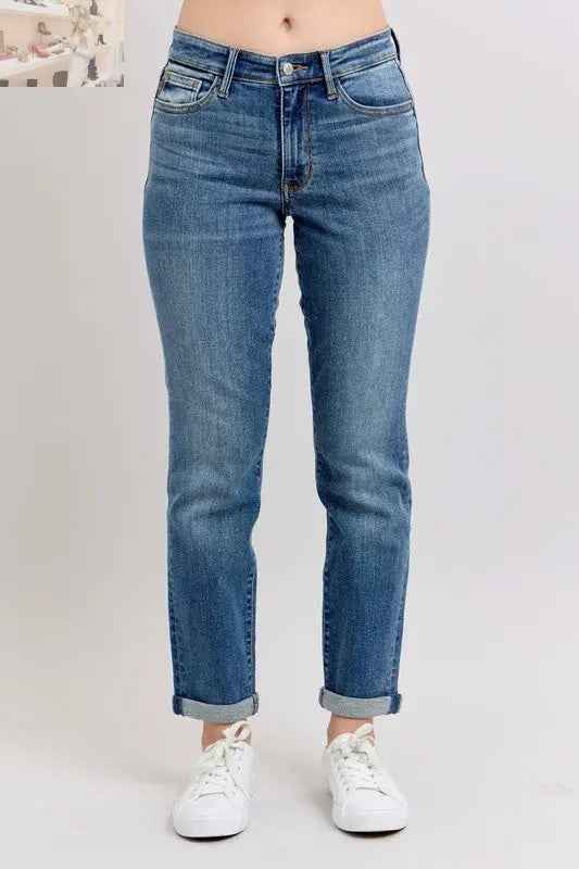 Judy Blue Plus Size Mid Rise Skinny Jeans with Cuffs and Pockets - MegaSuperStar